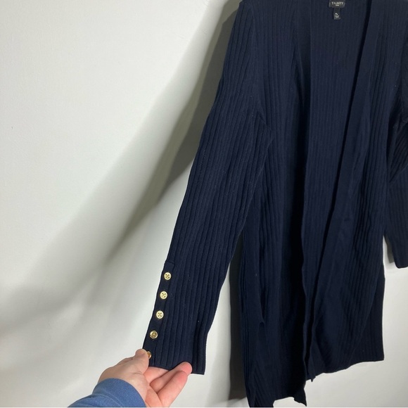 Talbots navy blue ribbed open sweater gold button sleeve detail medium petite - Picture 3 of 7
